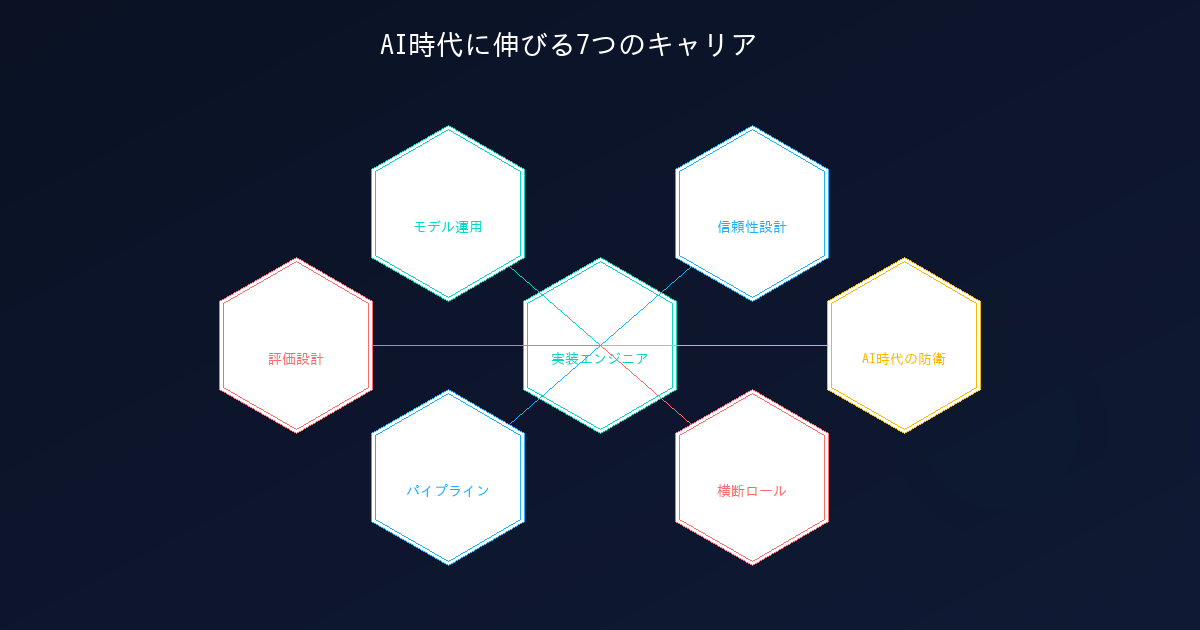 AI時代に伸びる7職種をハニカム状に配置したインフォグラフィック