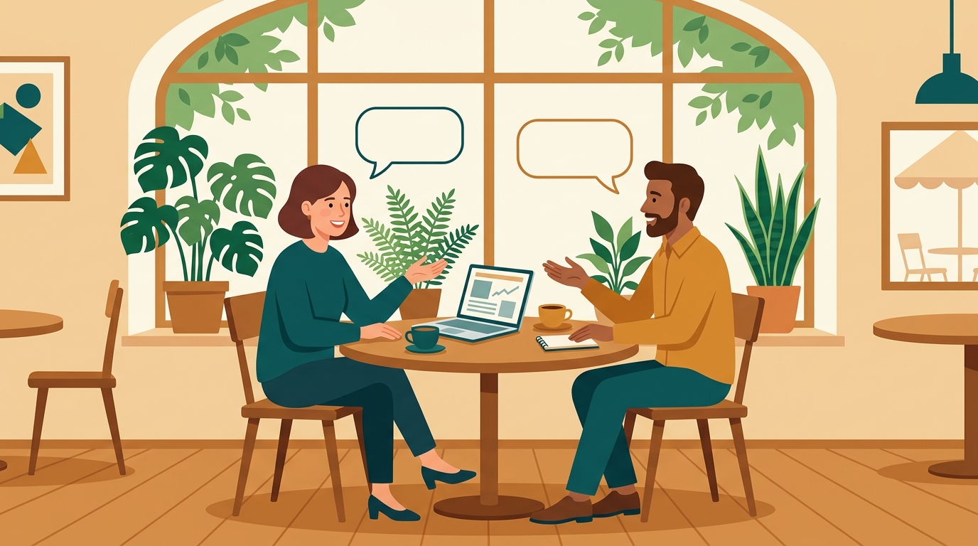 カフェのテーブルでコーヒーを飲みながらリラックスして会話する2人のイラスト