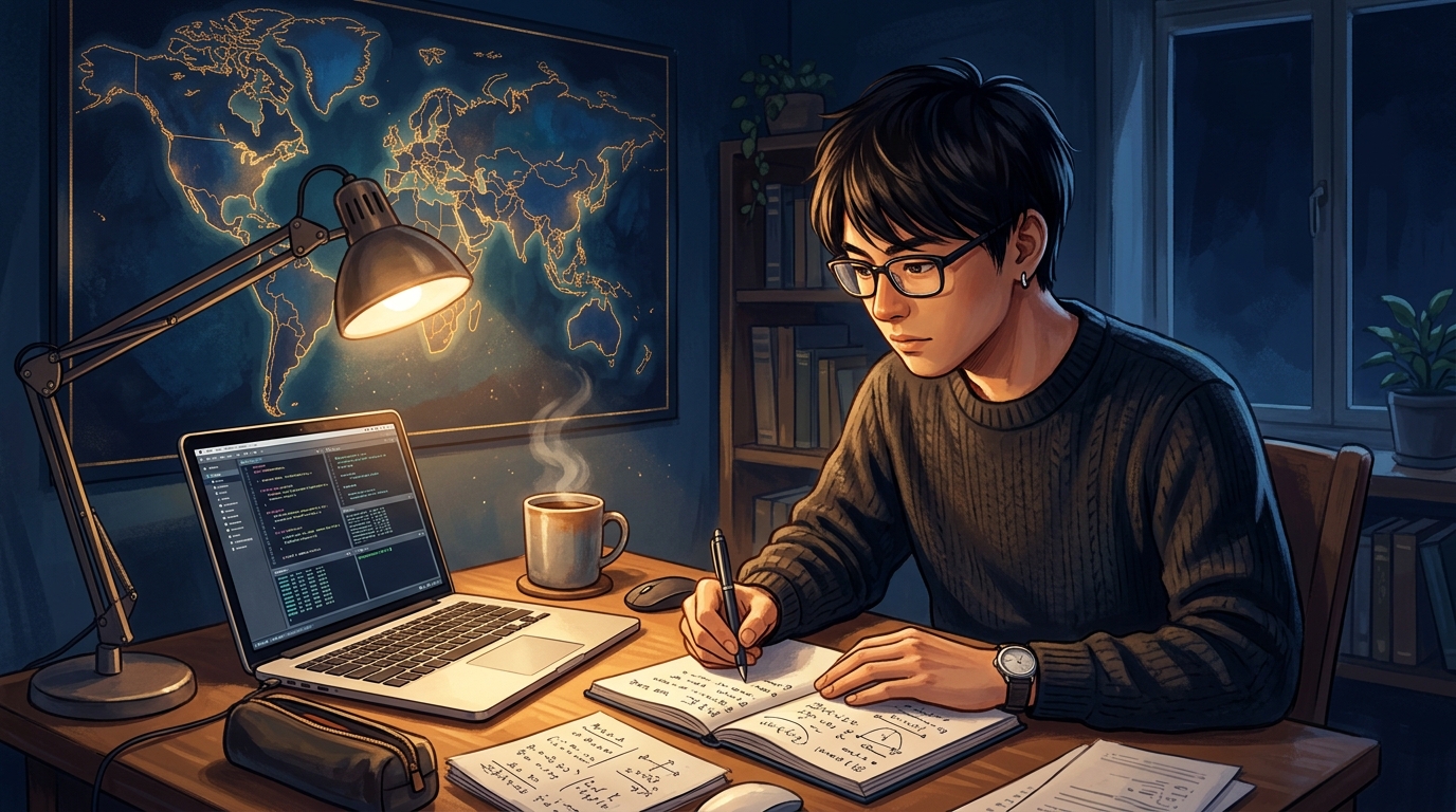 深夜、デスクでノートPCに向かい世界地図が淡く浮かぶ背景の中で選考準備をするエンジニアのイラスト