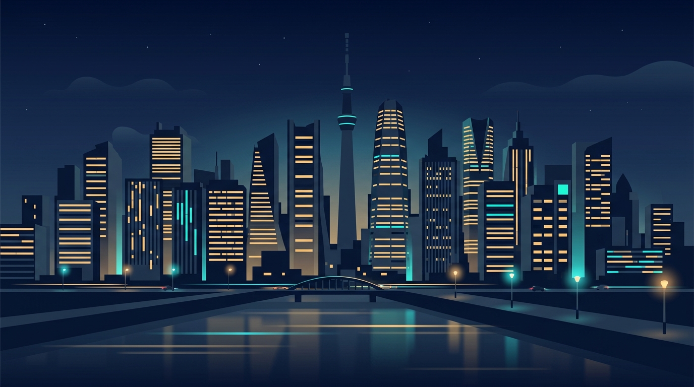 東京のオフィス街を描いた夜景イラスト、求人が首都圏に集中していることを表すイメージ
