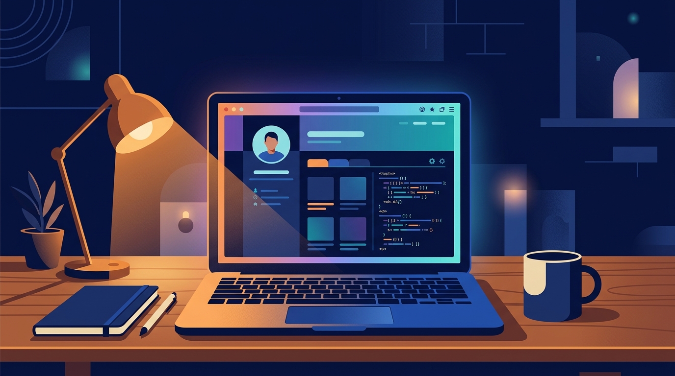 ノートパソコンの画面に表示されたコードエディタとGitHubのプロフィールページ、夜のデスク環境で暖色のライトが灯るイメージ
