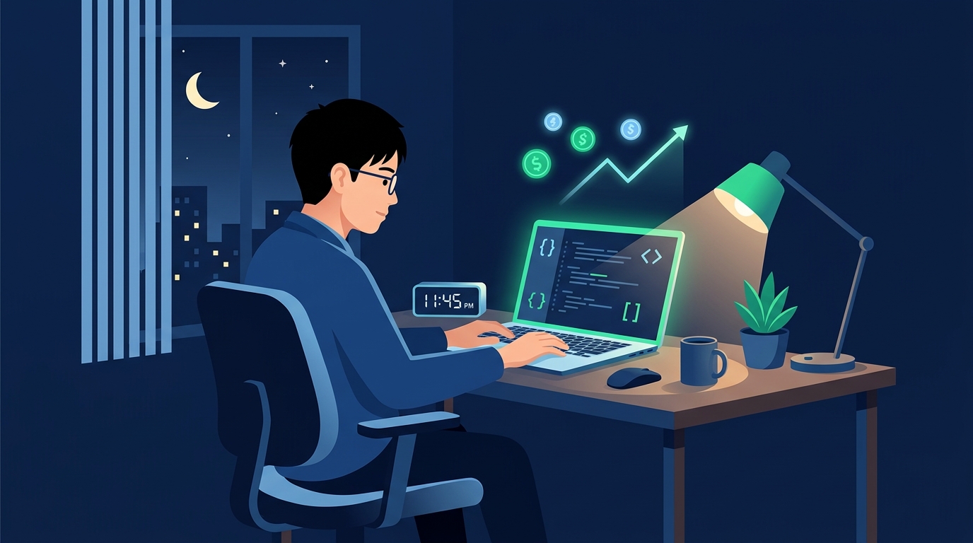 夜にノートPCで副業に取り組むエンジニアと、画面から伸びる収入の成長グラフのイメージイラスト