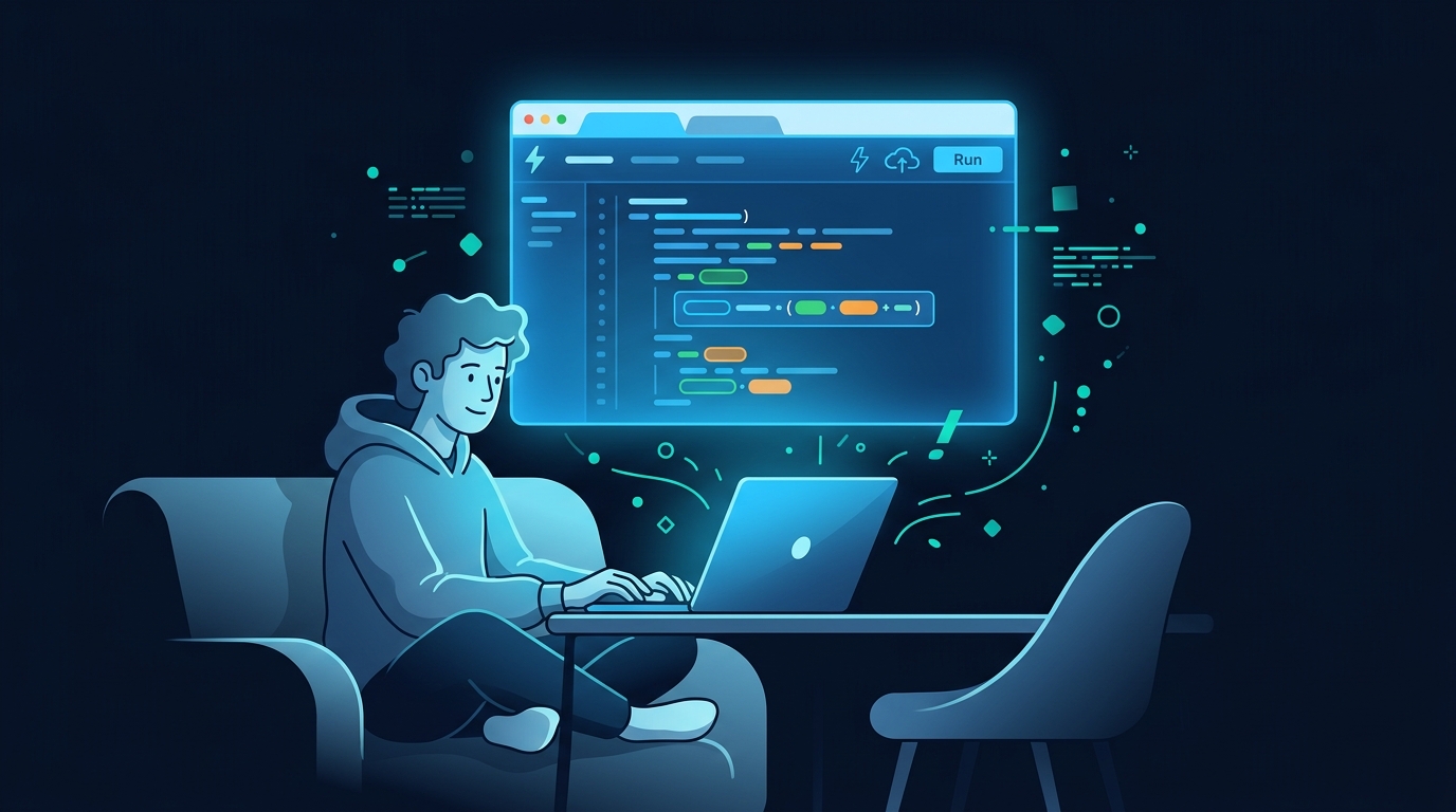 ブラウザ上のクラウド開発環境でPythonコードを書く学習者のイメージ図、環境構築不要を表す概念図