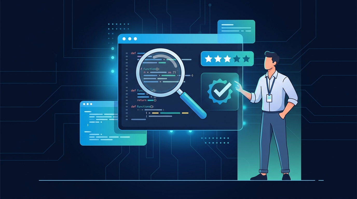 虫眼鏡でPythonのコードと評価バッジを確認するエンジニアを描いたPython Winner評判検証記事のイメージ図
