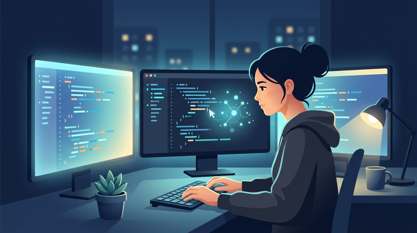 ターミナル画面でClaude Codeを操作する現役エンジニアのイメージ図、ダークテーマのコーディング環境を描いたコンセプトイラスト