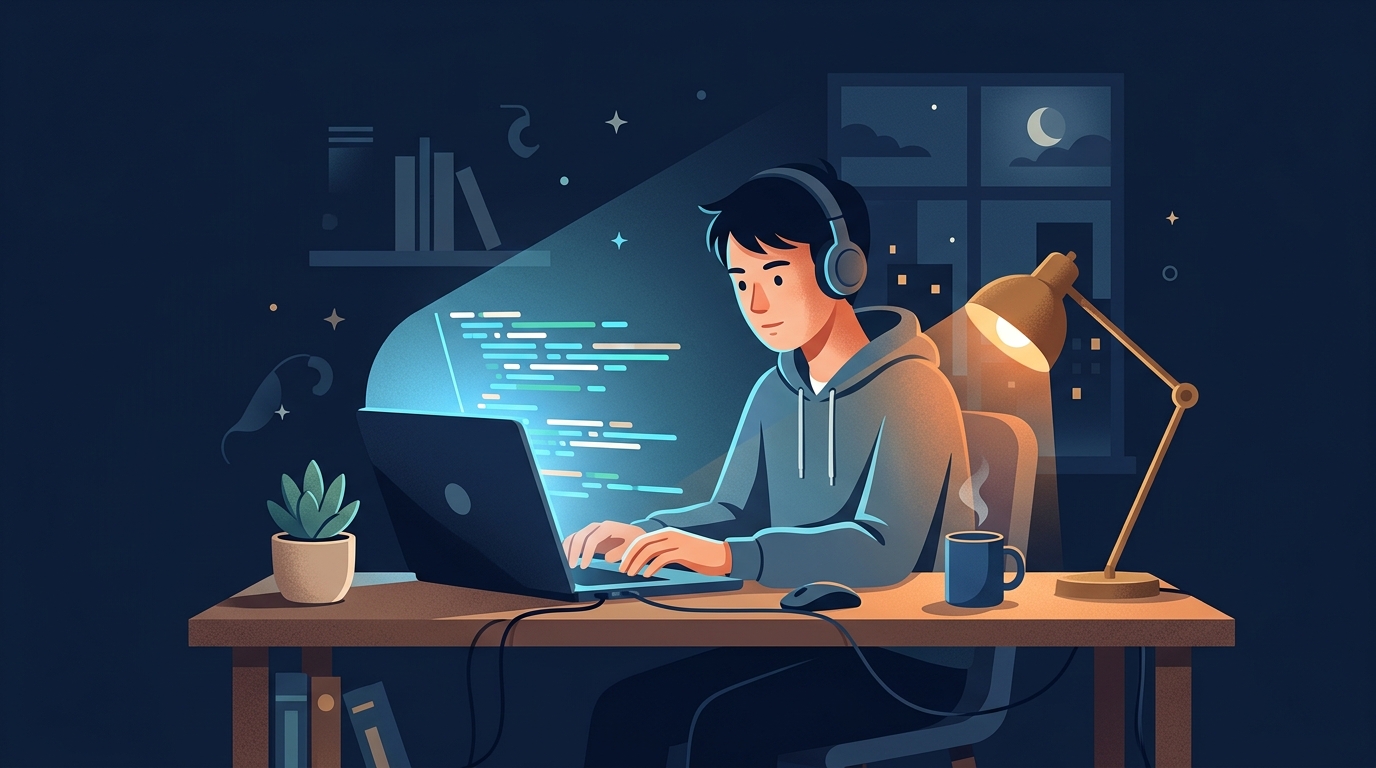 夜、デスクでノートPCに向かいポートフォリオ用のアプリを作り込むエンジニア志望者。画面にはスカイブルーとティールで光る抽象的なコードが表示されている