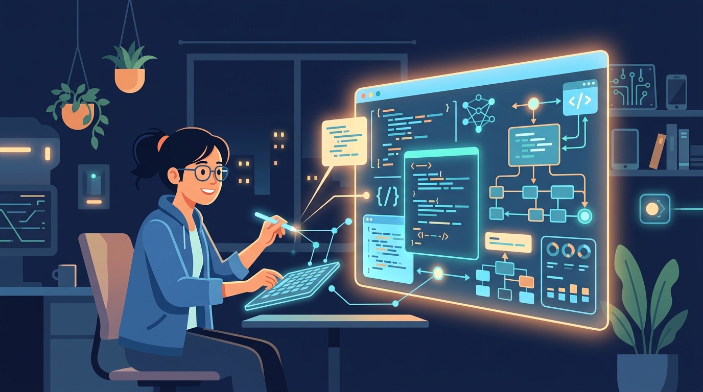 AIの支援パネルと協働しながらコードと設計をレビューするエンジニアを描いたフラットイラスト。AI時代の開発スタイルを表現している