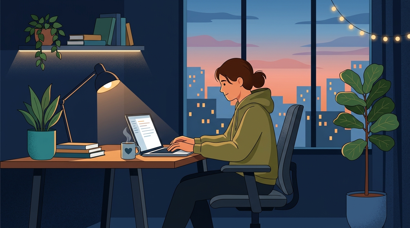 フリーランスのWebエンジニアが自宅で夕暮れの街並みを背景にノートPCで作業しているイラスト