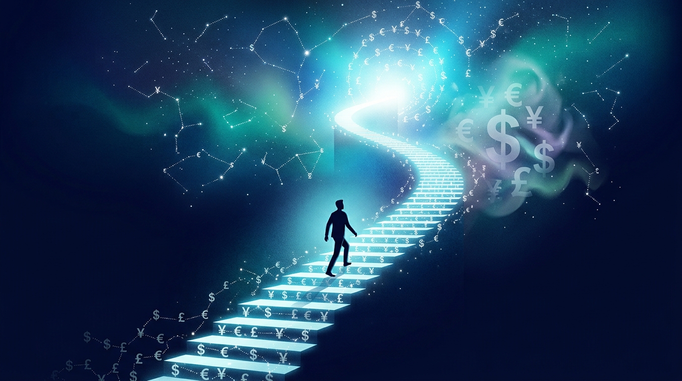 人物のシルエットが通貨記号の浮かぶ光る階段を上り、頂上の光へ向かっているイラスト。年収アップに向けたキャリアの歩みを象徴する