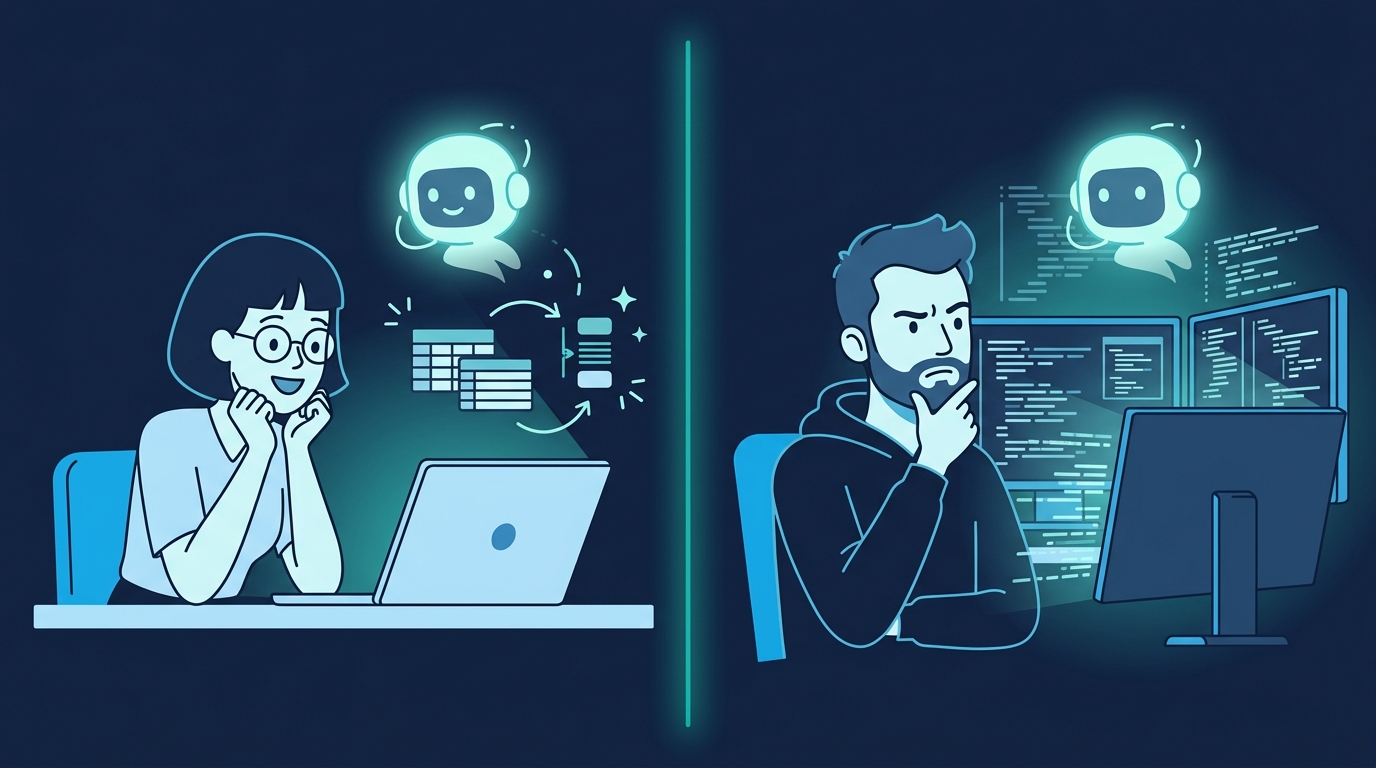 非エンジニアの受講者がAIアシスタントに驚きながら業務を進める様子と、複数モニターに向かう現役エンジニアが同じAIアシスタントをやや懐疑的に見つめる様子を対比したイラスト。AI Agent Campの対象者ギャップを表現