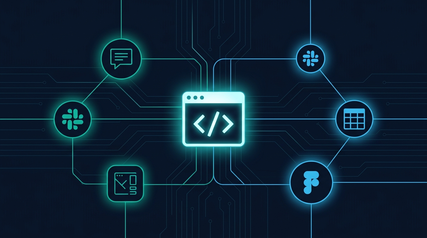 コーディングエージェントのターミナルを中心に、Slack・Figma・Salesforce・スプレッドシートなど業務ツールが線でつながるネットワーク図。AI Agent Campの業務統合モジュールのイメージ