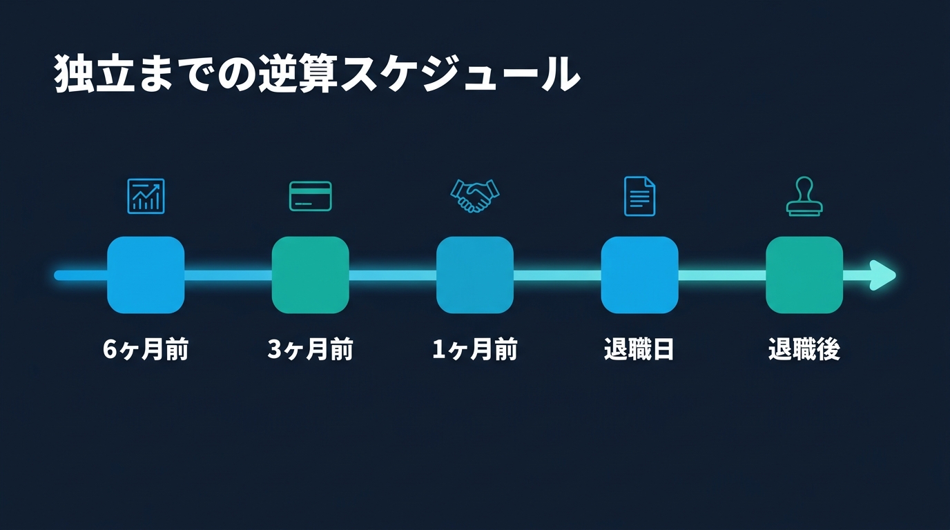 独立6ヶ月前から退職後までの手続きを5つのマイルストーンで示した逆算スケジュールの図