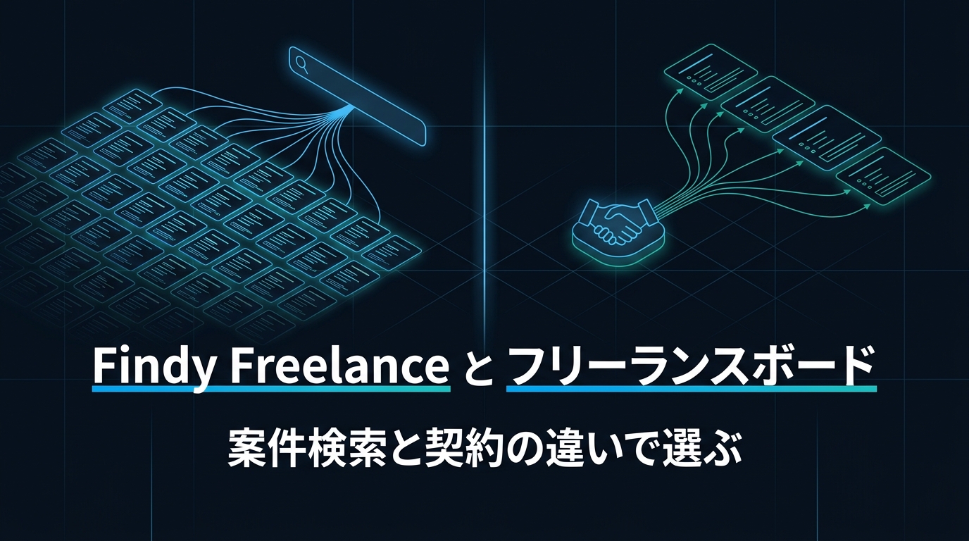 Findy Freelanceとフリーランスボードの比較記事のアイキャッチ。左に多数の案件カードを横断検索するイメージ、右に契約を締結するイメージ