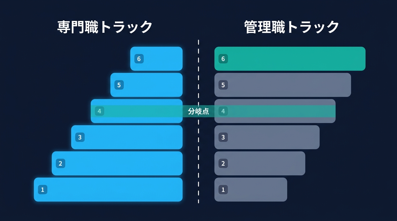 専門職トラックと管理職トラックを6段階の等級で並べた図。等級4が分岐点で、そこから上は両トラックが並走し同じ最上位等級に到達する