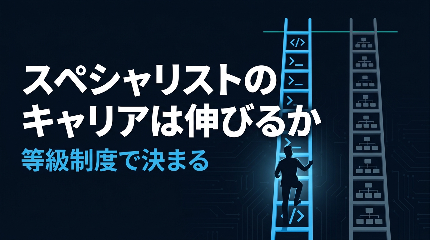 専門職トラックと管理職トラックの2本のはしごが同じ高さまで伸びている図。エンジニアが専門職側のはしごを登っている