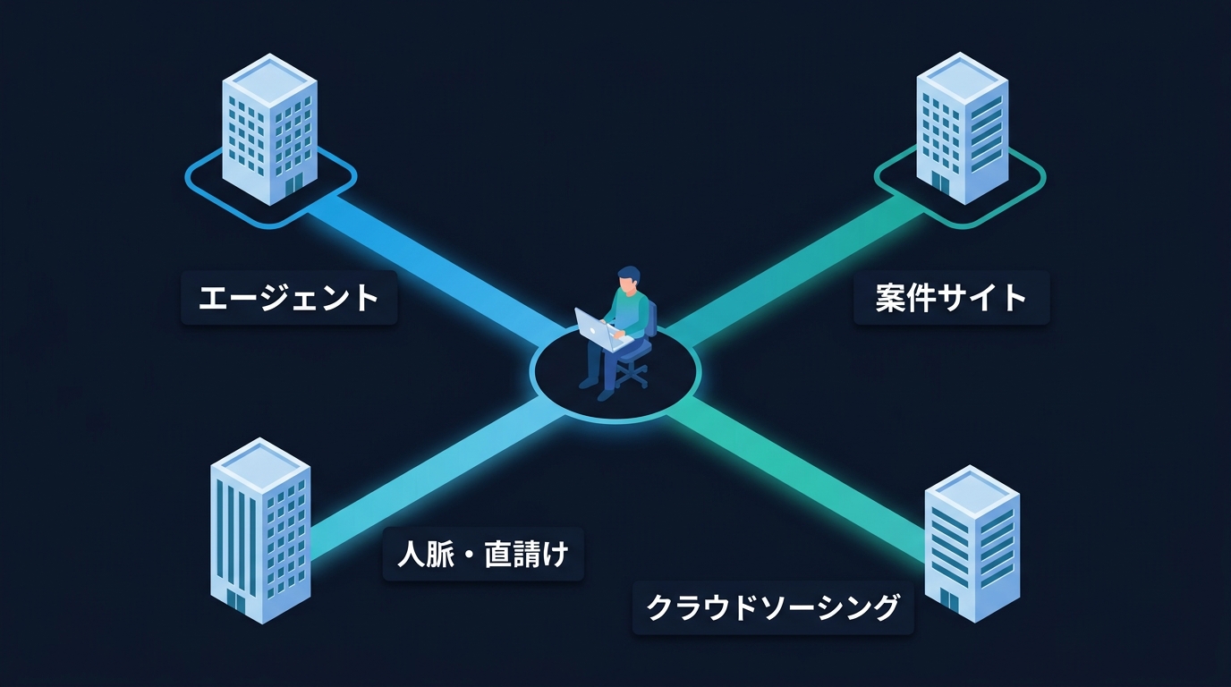 フリーランスエンジニアの4つの案件探索チャネル（エージェント、案件サイト、人脈・直請け、クラウドソーシング）とクライアント企業の関係を示した概念図