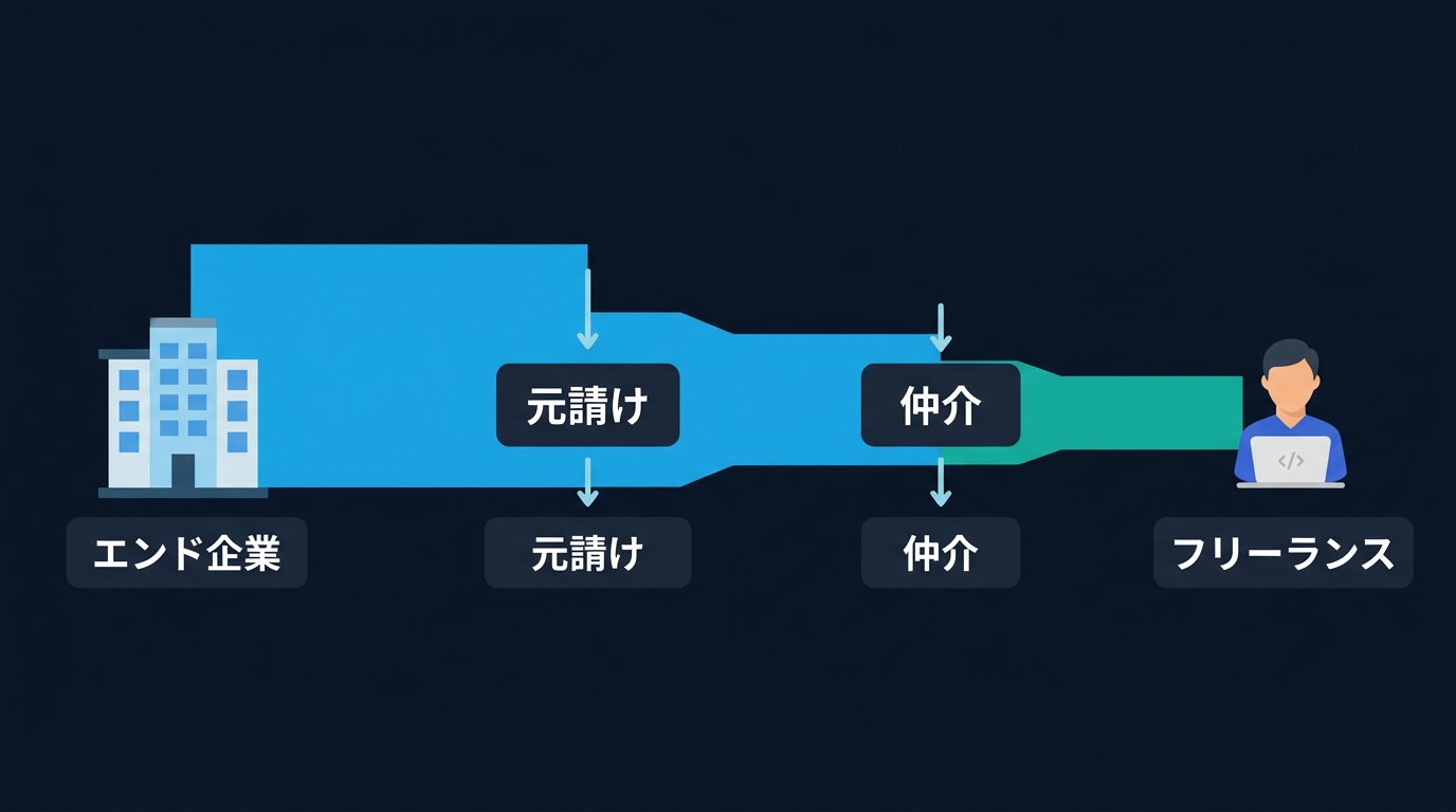 エンド企業から元請け・仲介を経てフリーランスに支払われるまでに報酬が段階的に細くなる商流の図解