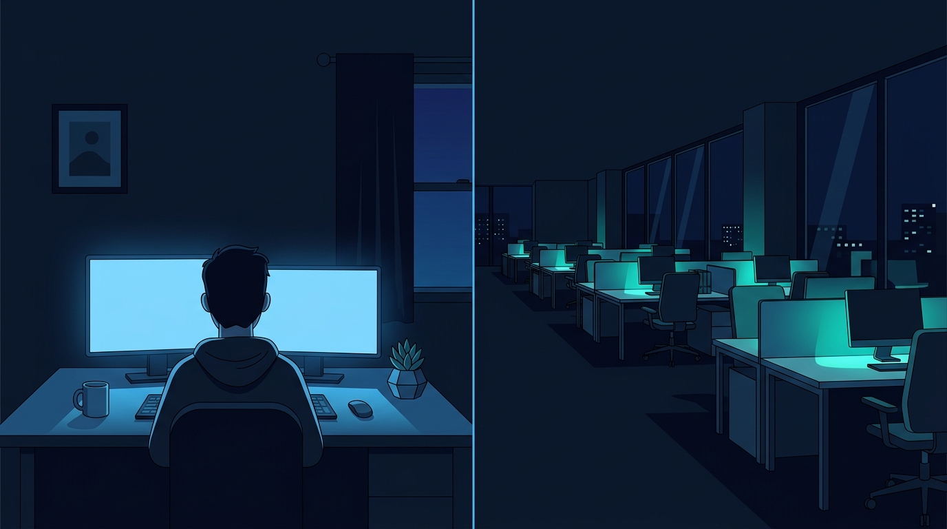 自宅のデスクで作業する様子とオフィスフロアを左右に並べたイメージイラスト