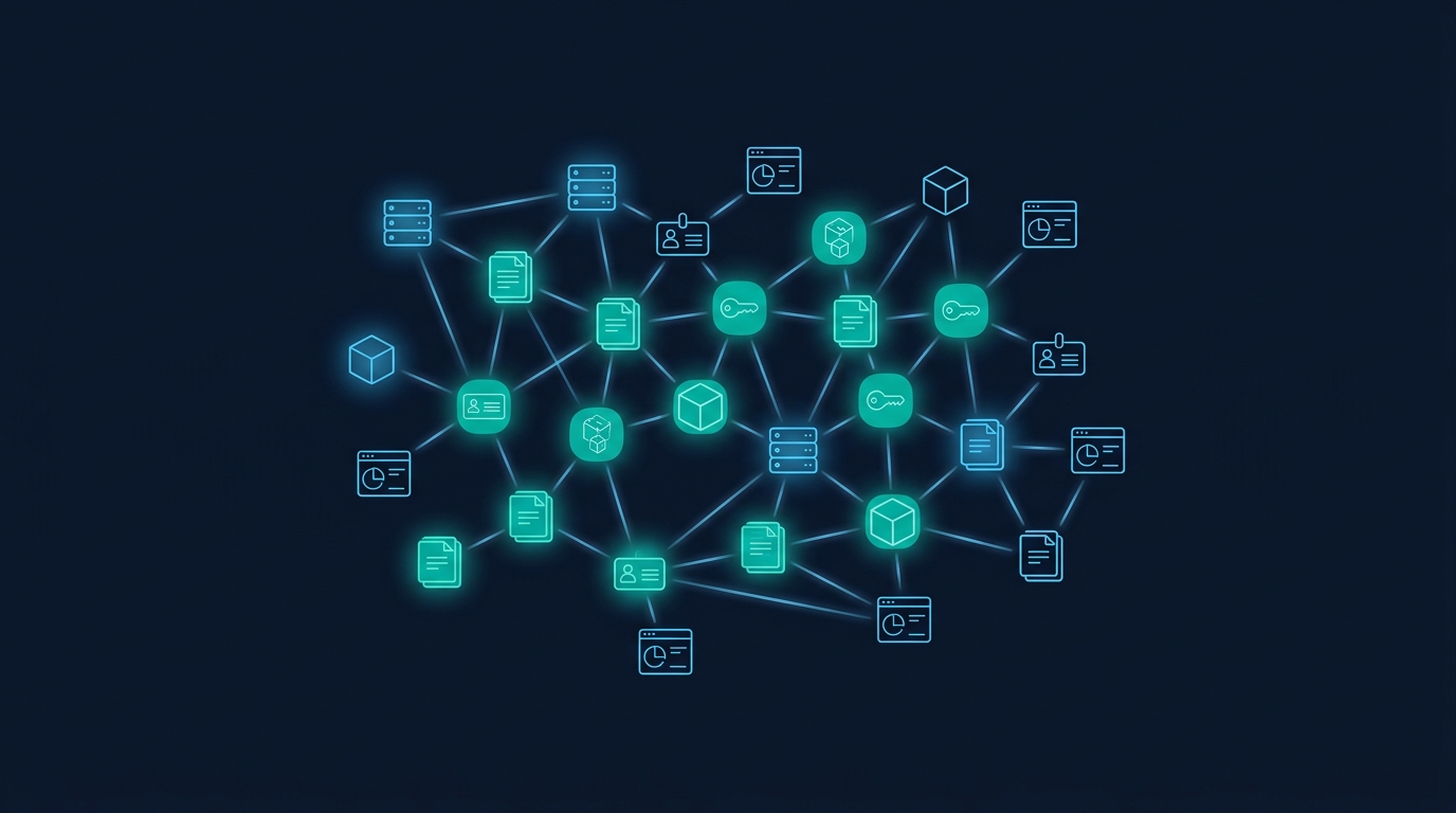 ネットワーク図の概念イラスト。サーバー、ドキュメント、認証情報、リポジトリ、監視ダッシュボードを表すアイコンがつながり、およそ3分の2が引き継ぎ済みを示す塗りつぶし、残りが未完了を示す輪郭線で描かれている