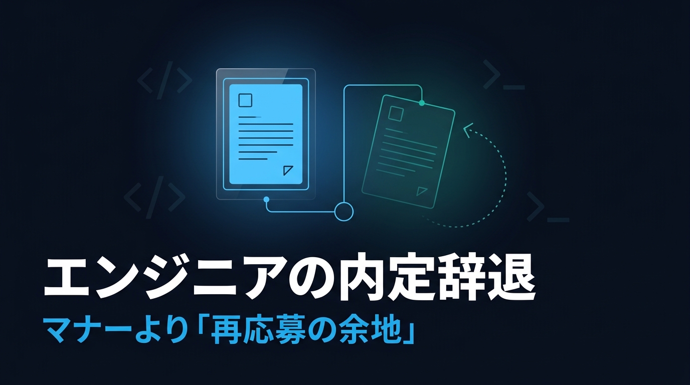 エンジニアの内定辞退をテーマにしたイメージ。承諾した内定と辞退した内定の2枚のカードが線でつながれ、辞退側には点線の矢印が戻っている図