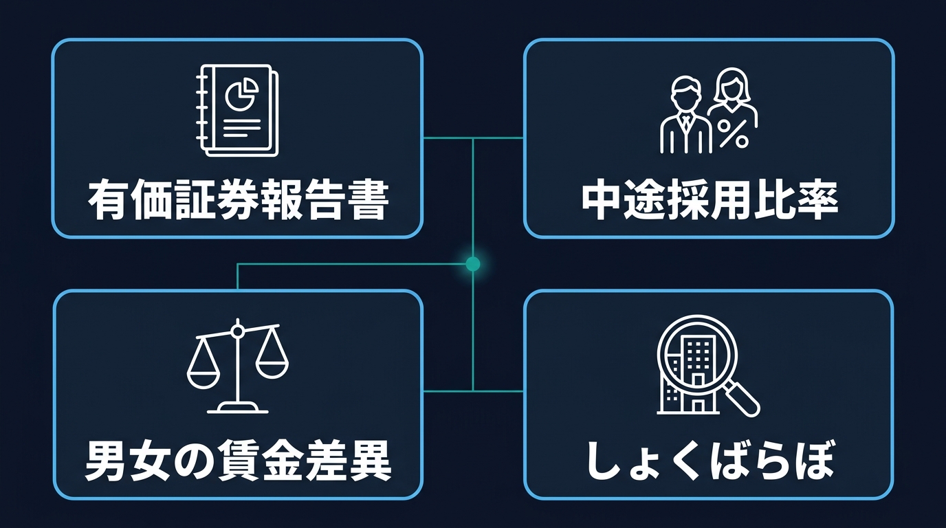 有価証券報告書・中途採用比率・男女の賃金差異・しょくばらぼの4つの公開データが中心点で結ばれた図解