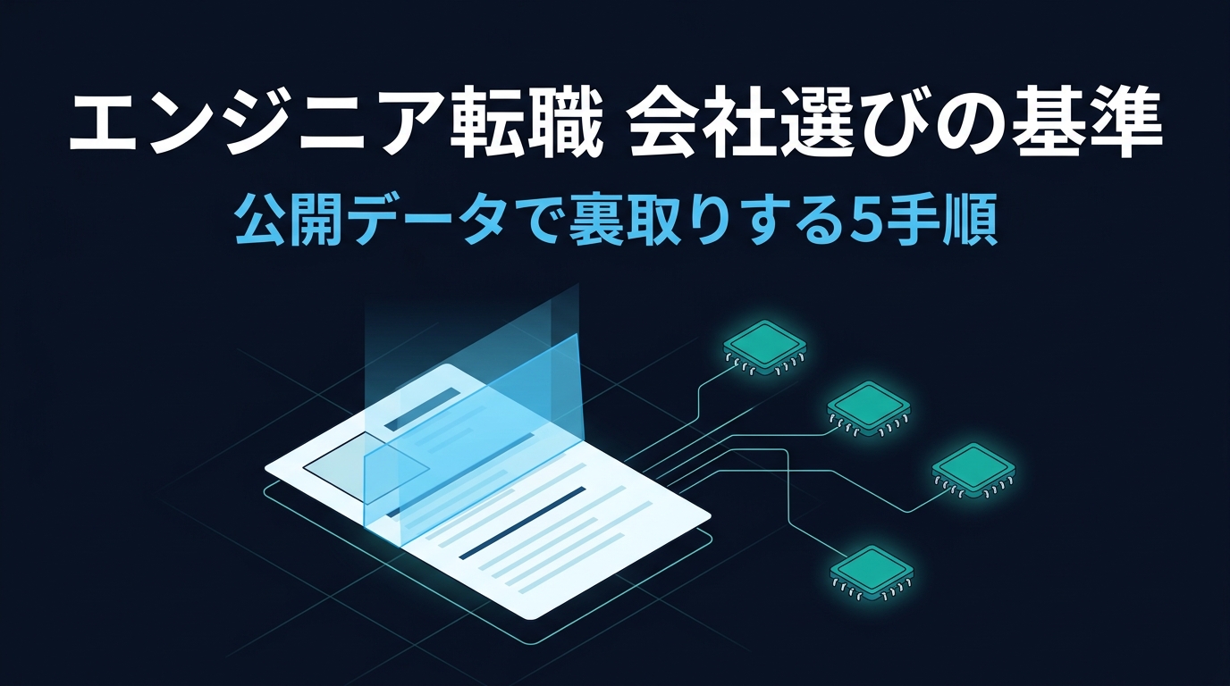 求人票に検証ビームが当たり、公開データのチップと線でつながっている概念図。エンジニア転職の会社選びの基準を公開データで裏取りするというテーマを表す