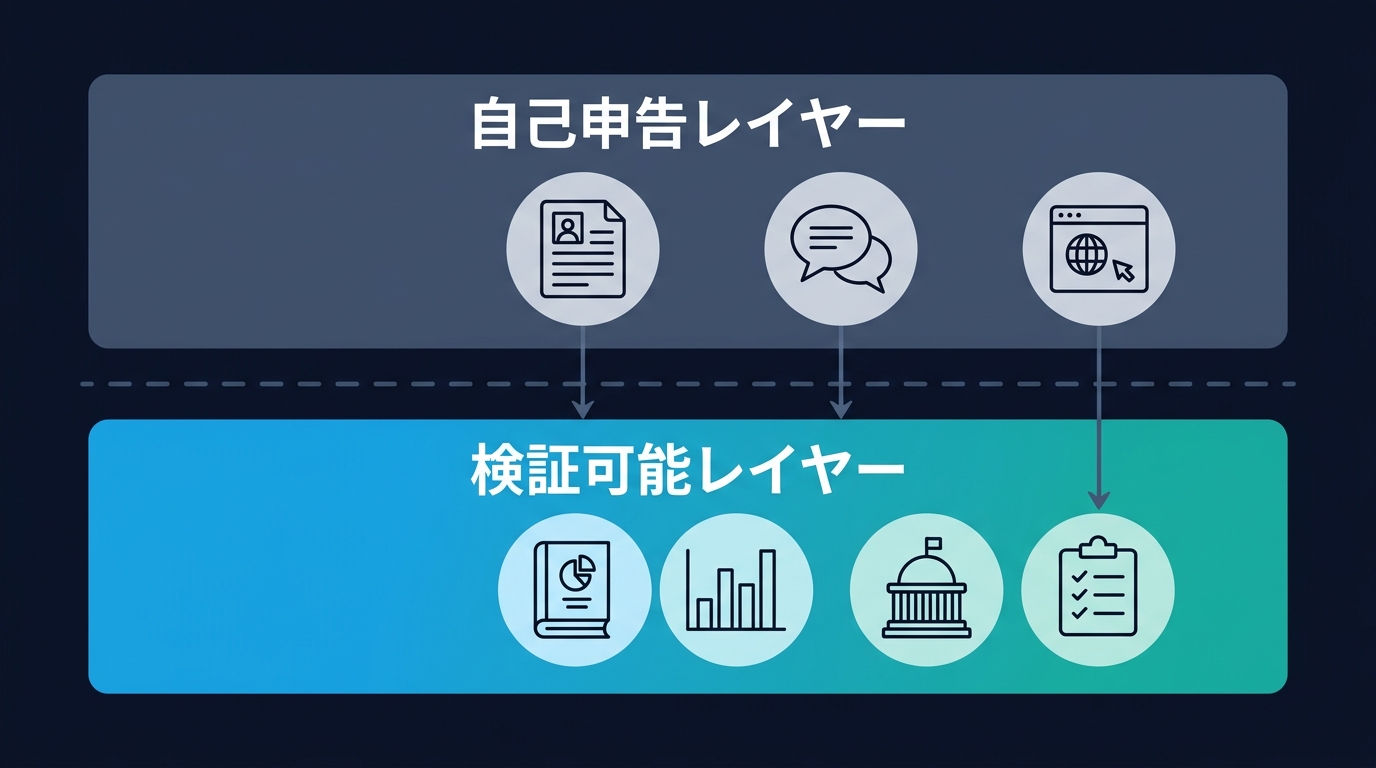 自己申告レイヤー（求人票・面接・採用サイト）から検証可能レイヤー（有価証券報告書・統計・行政データ・チェックリスト）へ矢印が下りている2層構造の図解