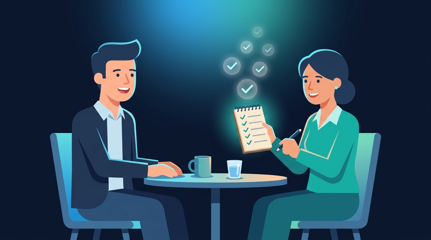 転職エージェントの担当者とエンジニアが向き合って面談している様子を表したイラスト