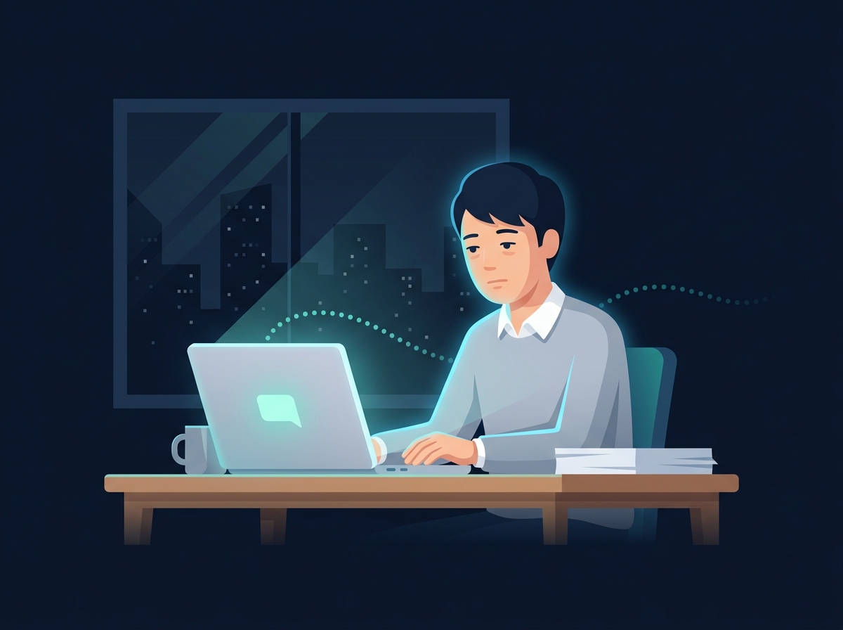 夜遅くまでノートパソコンの前で転職エージェントからの返信を待ち続ける様子を描いたイラスト