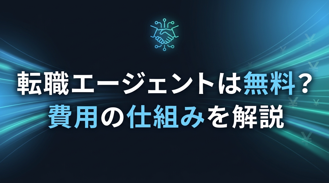 「転職エージェントは無料？費用の仕組みを解説」という文字が入った、ダークブルーとティールのグラデーション背景に光る握手アイコンとお金の流れを示す抽象的な光の筋のイラスト