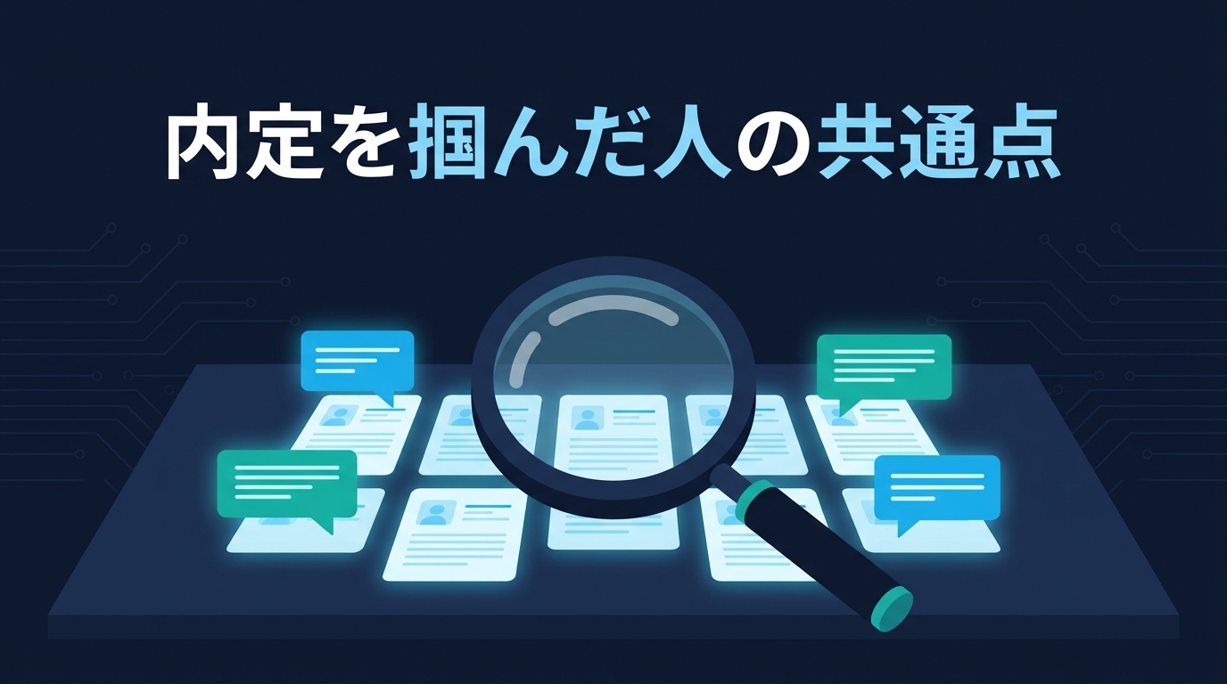 複数の転職体験談・書類を虫眼鏡で分析するイメージ図。転職エージェント経由で内定を得た人に共通する行動パターンを横断分析することを表す