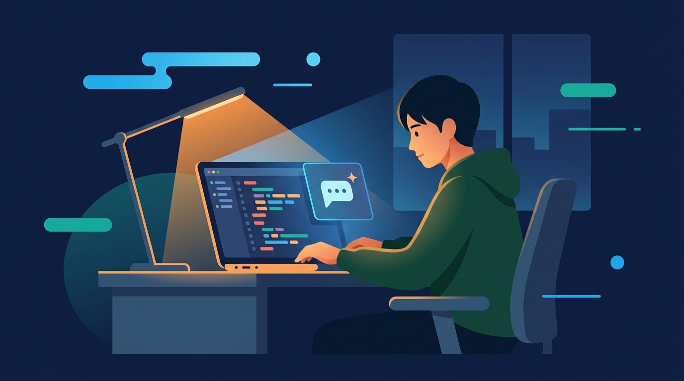 夜、AIコーディングアシスタントを使いながら独学でプログラミングをする人のイメージ