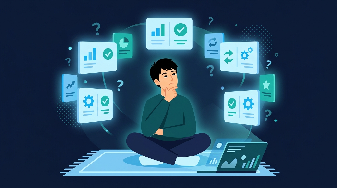 複数の比較カードに囲まれながら、独学かスクールかを検討している人のイメージイラスト
