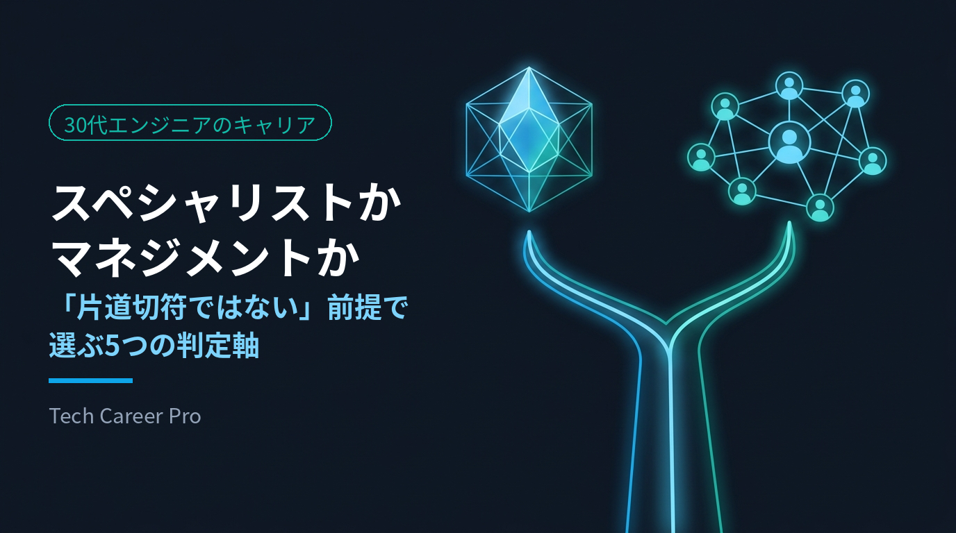 一本の道が、技術の結晶とチームのネットワークの二方向に分かれるイメージ。スペシャリストかマネジメントかの分岐を表している